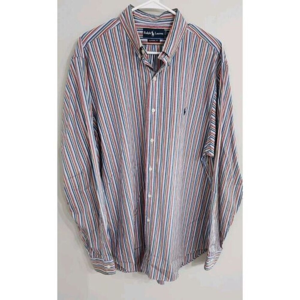 Vintage Y2K Ralph Lauren Shirt Mens XL‎ 17 Classic Fit Striped Long Sleeve Logo